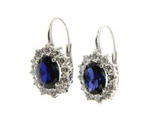Load image into Gallery viewer, 18k white gold flower leverback earrings big 7x9mm oval blue crystal, zirconia
