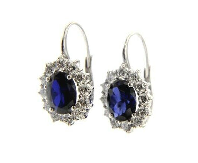 18k white gold flower leverback earrings big 7x9mm oval blue crystal, zirconia.