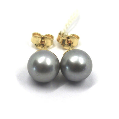 18k yellow gold stud button earrings, gray freshwater 9.2mm 0.36
