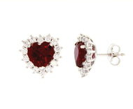 18k white gold heart earrings, red recrystallized ruby, zirconia frame.