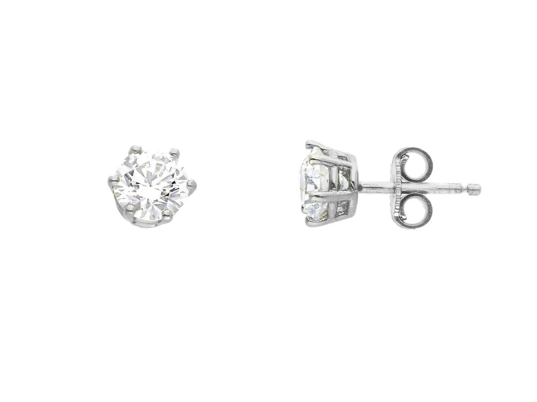 18K WHITE GOLD STUD EARRINGS WHITE 6mm CUBIC ZIRCONIA, 6 PRONG, SOLITAIRE.