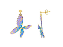 Load image into Gallery viewer, 18k yellow gold pendant 35mm earrings with enamel purple and blue butterfly.
