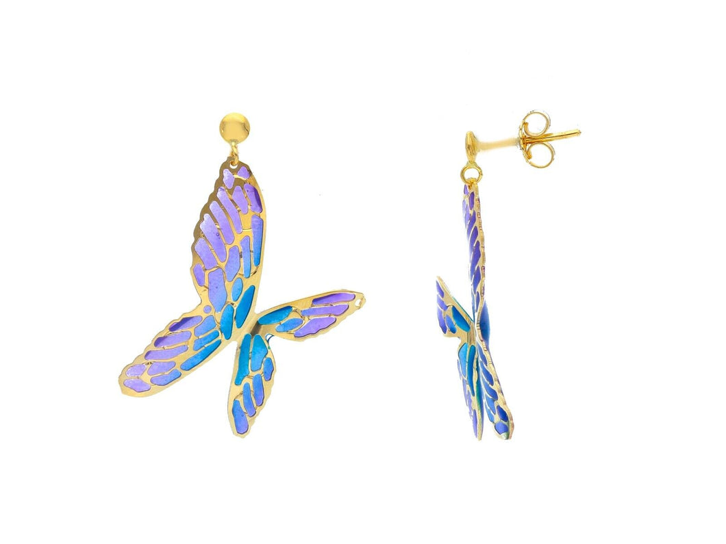 18k yellow gold pendant 35mm earrings with enamel purple and blue butterfly.