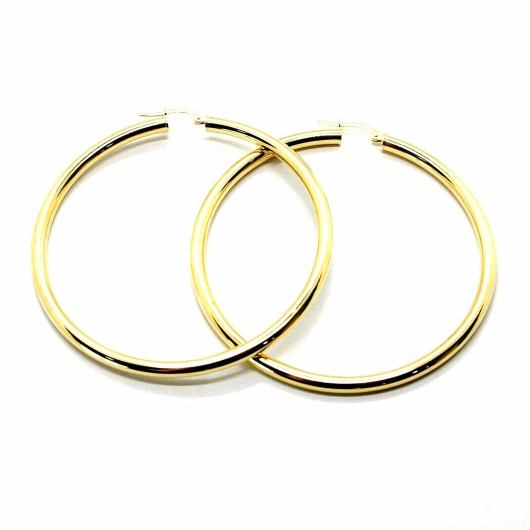 18K YELLOW GOLD ROUND CIRCLE EARRINGS DIAMETER 50 MM, WIDTH 3 MM, MADE IN ITALY