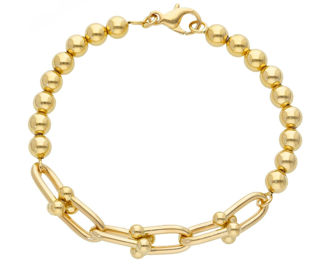 18K YELLOW GOLD BRACELET HALF WITH 5mm BALLS & HALF 8mm HORSE STIRRUP, 19cm 7.5