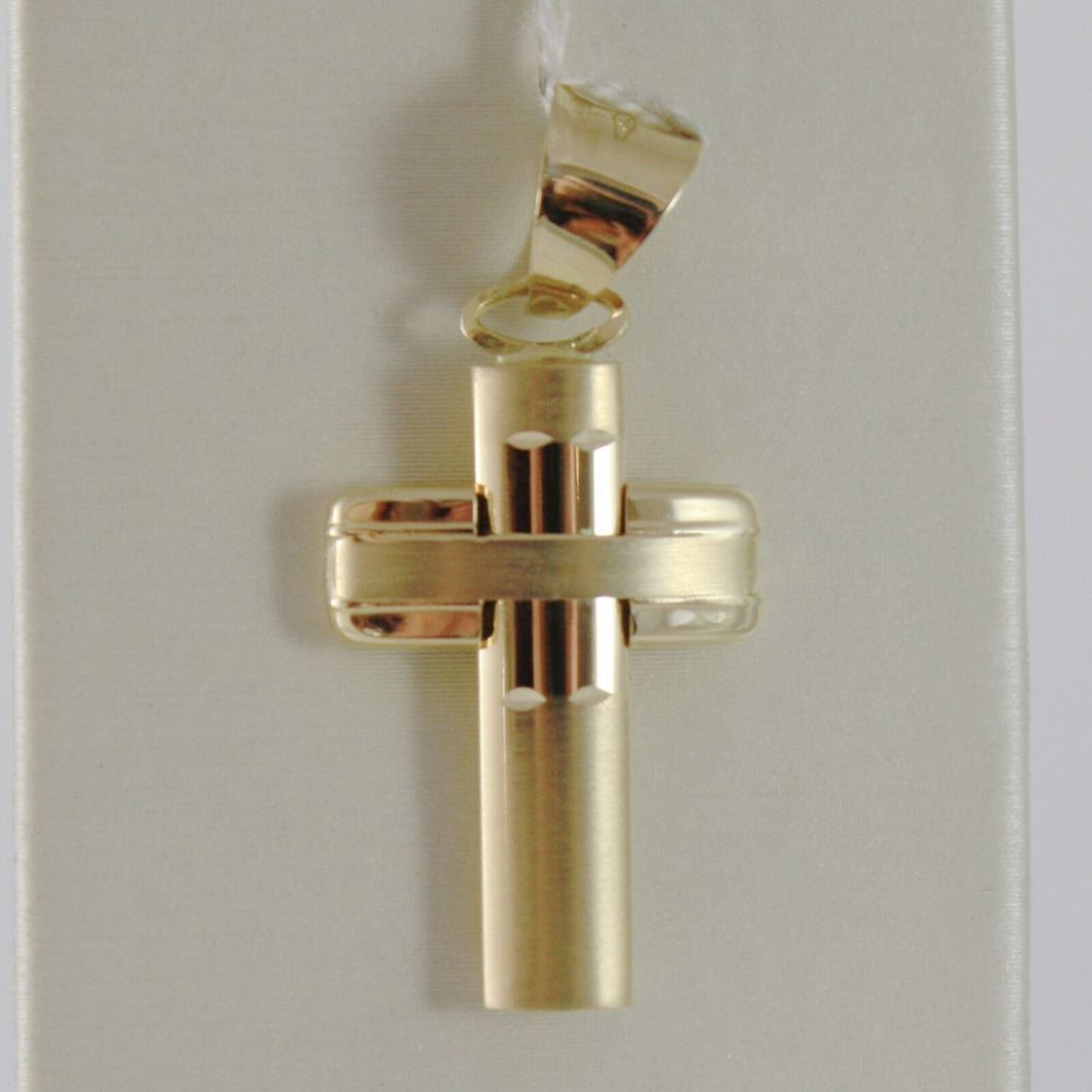 18K YELLOW GOLD CROSS SMOOTH STYLIZED FINELY WORKED SATIN CURVED MADE IN ITALY.