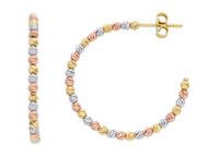 18K YELLOW WHITE ROSE GOLD HOOPS 25mm EARRINGS DIAMOND CUT 2mm SPHERES, BALLS.