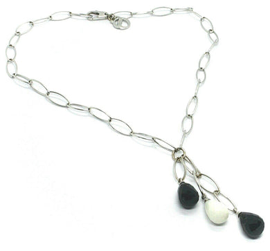 18k white gold lariat necklace big oval link, white agate and onyx drops pendant.