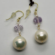 SOLID 18K YELLOW GOLD EARRINGS WITH BIG WHITE PEARLS AND AMETHYST MADE IN ITALY.