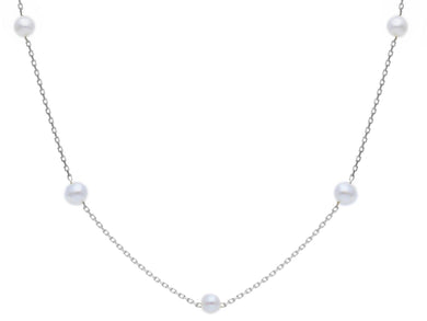 18k white gold necklace, cable oval chain alternate white small pearls 4-4.5mm.
