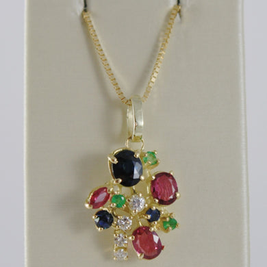 18k yellow gold flower necklace diamond sapphire ruby emerald made in Italy.