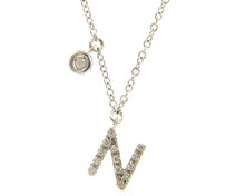 Load image into Gallery viewer, 18k white gold necklace, pendant mini initial letter N, 0.7 cm, 0.3&quot;, rolo chain
