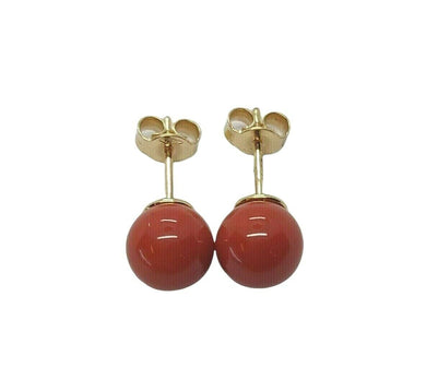 18k yellow gold balls spheres perfect red coral button earrings, 8mm 0.31 inches.