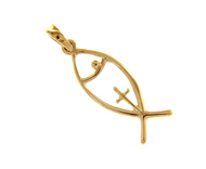 18K YELLOW GOLD PENDANT 25mm FISH WITH CROSS SYMBOL OF JESUS CHRIST, ITALY MADE.