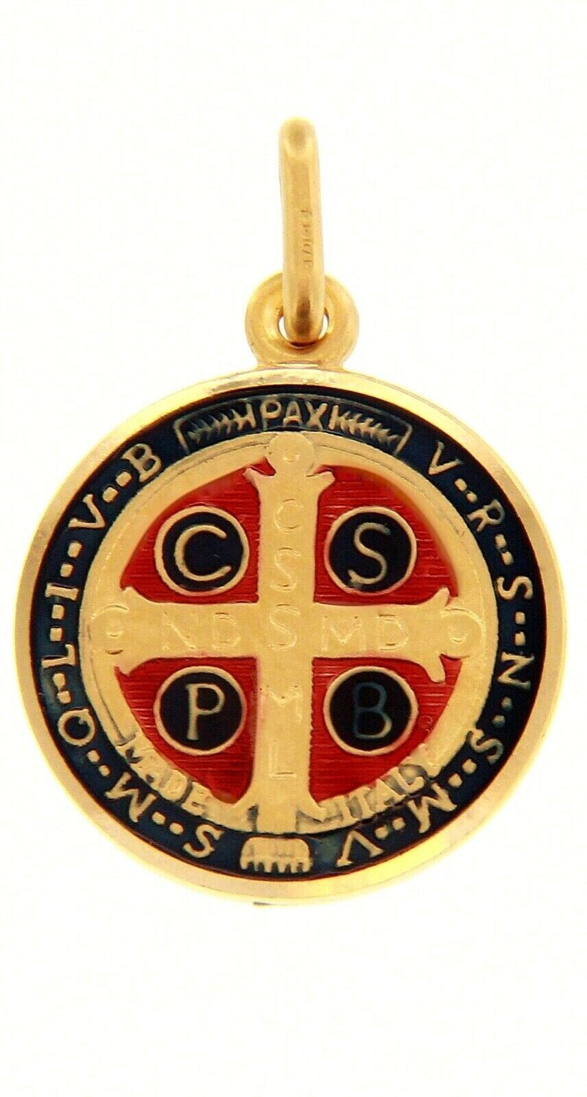 solid 18k yellow round gold medal, diameter 17mm, Saint Benedict, enamel pendant, very detailed