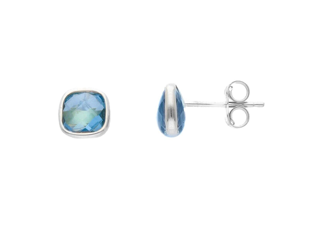 18K WHITE GOLD STUD BUTTON EARRINGS SQUARE BLUE TOPAZ CUSHION CUT, LENGTH 8mm.