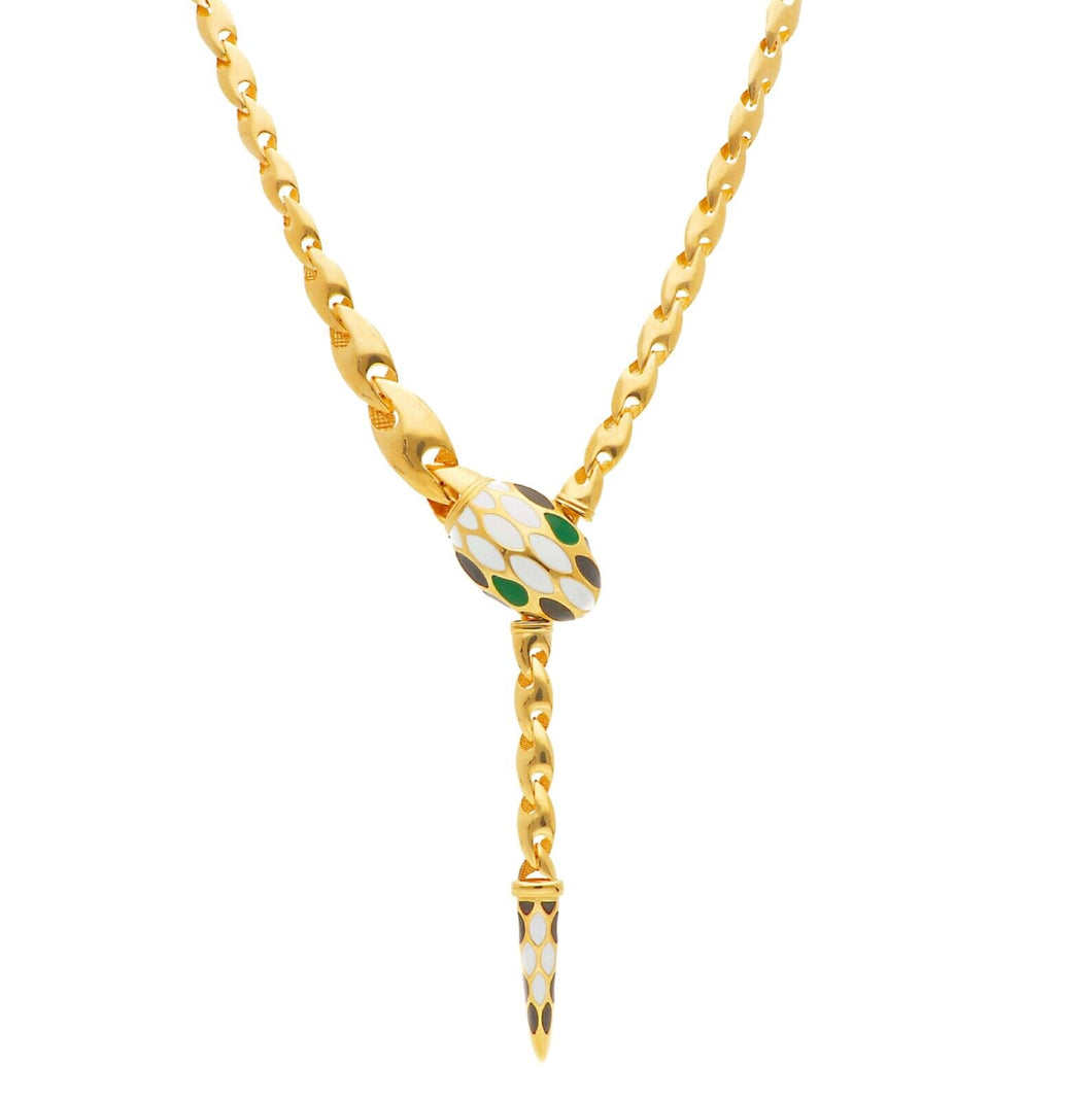 18K YELLOW GOLD LARIAT NECKLACE, WHITE BLACK AND GREEN ENAMEL SNAKE, OVAL CHAIN.