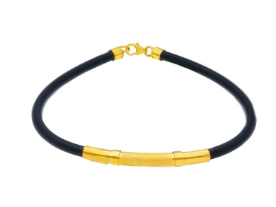 18K YELLOW GOLD BRACELET 4mm ROUND TUBE SMOOTH SATIN PLATE & BLACK RUBBER, 8.3