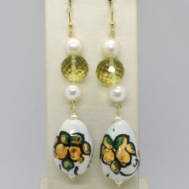18k yellow gold earrings lemon quartz pearl & ceramic drop hand painted in italy.