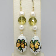 18k yellow gold earrings lemon quartz pearl & ceramic drop hand painted in italy.