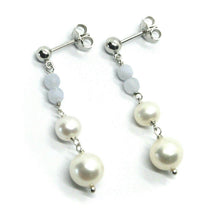 Load image into Gallery viewer, 18k white gold pendant earrings, with fw pearls and chalcedony.
