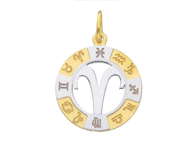 18k yellow white gold zodiac sign round 20mm medal pendant, zodiacal, aries.