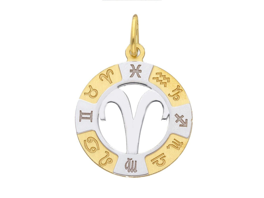 18k yellow white gold zodiac sign round 20mm medal pendant, zodiacal, aries.