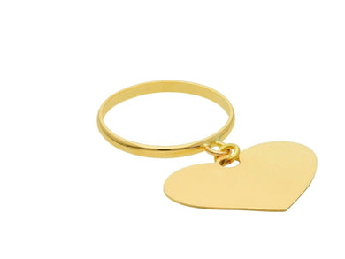 18K YELLOW GOLD RING WITH HEART PENDANT CHARM BRIGHT, LUMINOUS, MADE IN ITALY.
