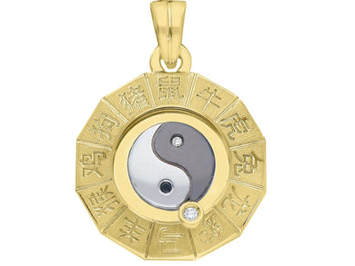 solid 18k yellow gold japanese zodiac sign round 23mm diamond yin yang pendant.