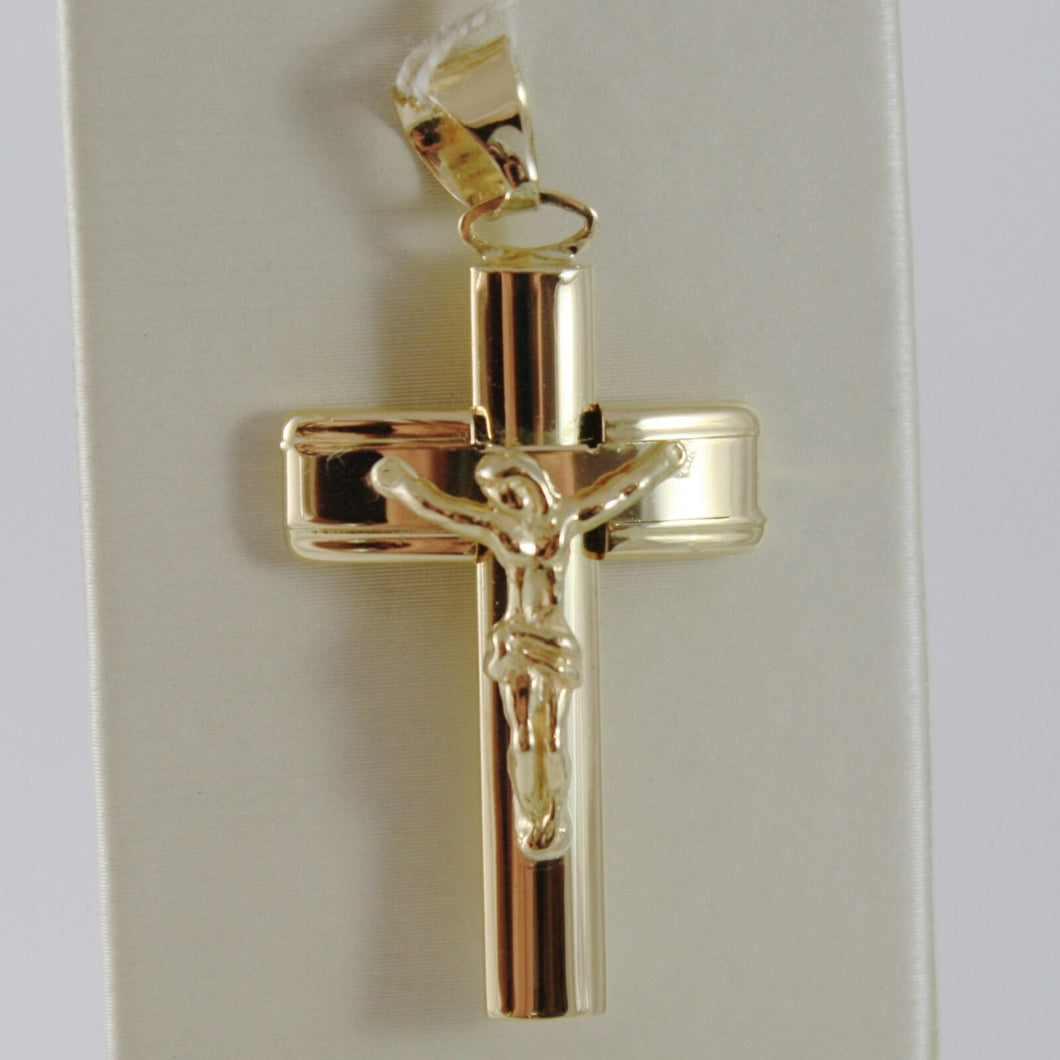 18K YELLOW JESUS GOLD CROSS SMOOTH STYLIZED FINELY WORKED CURVED MADE IN ITALY.