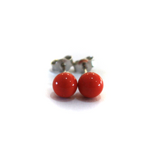 Load image into Gallery viewer, 18k white gold 6mm spheres intense red reconstructed coral button earrings.
