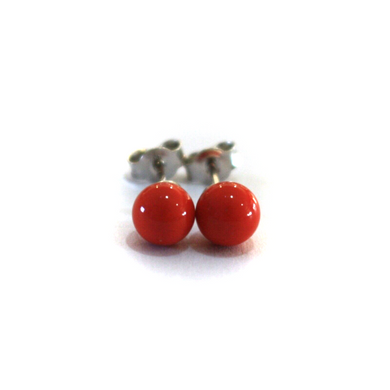 18k white gold 6mm spheres intense red reconstructed coral button earrings.