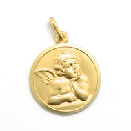 solid 18k yellow gold Guardian Angel 17mm medal, pendant, very detailed.