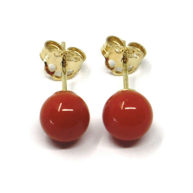 18k yellow gold balls spheres red coral button earrings, 6 mm, 0.24 inches.