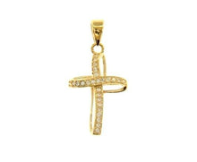 Load image into Gallery viewer, 18K YELLOW GOLD 13mm ONDULATE FLOWER CROSS WITH WHITE ROUND CUBIC ZIRCONIA
