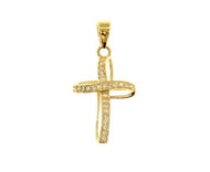 18K YELLOW GOLD 13mm ONDULATE FLOWER CROSS WITH WHITE ROUND CUBIC ZIRCONIA.