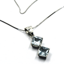 Load image into Gallery viewer, 18k white gold two aquamarine 2 ct princess cut pendant venetian chain necklace.
