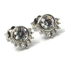 Load image into Gallery viewer, SOLID 18K WHITE GOLD STUD EARRINGS, SUN, CROWN, EYE, CUBIC ZIRCONIA, 0.3 INCHES.
