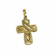 18K YELLOW WHITE GOLD CROSS 20mm, 0.8 inches, DOUBLE SLAB STRIPS SQUARED WORKED.