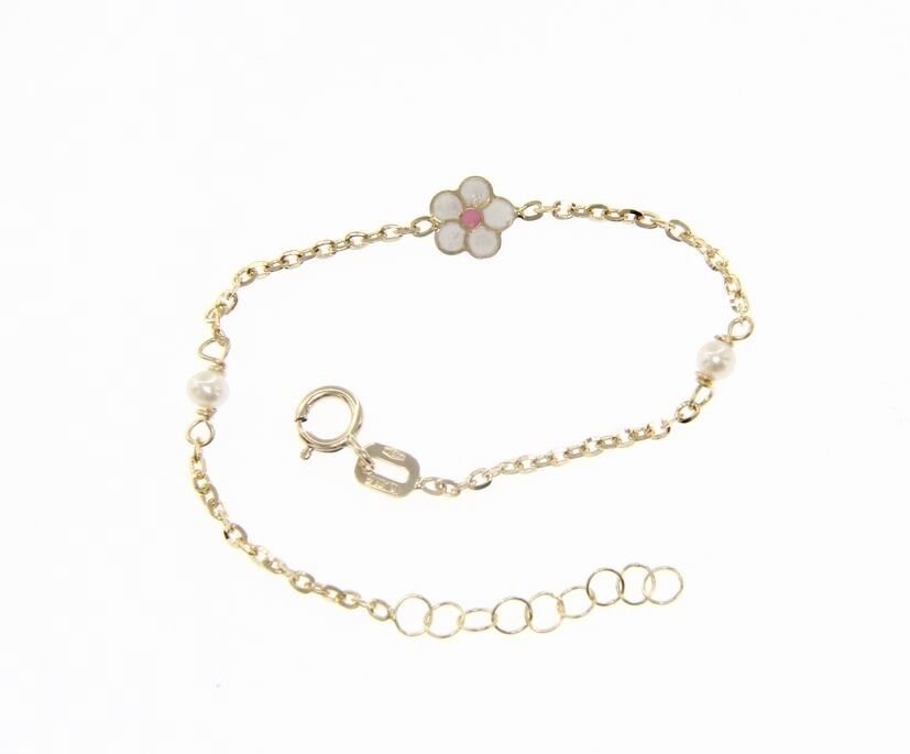 18K YELLOW GOLD BRACELET FOR KIDS WITH GLAZED FLOWER MADE IN ITALY 5.5 INCHES