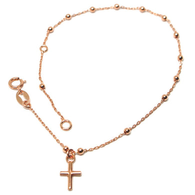 18K ROSE GOLD MINI ROSARY BRACELET, 1.5 MM SPHERES, PENDANT CROSS, 7.1 INCHES.