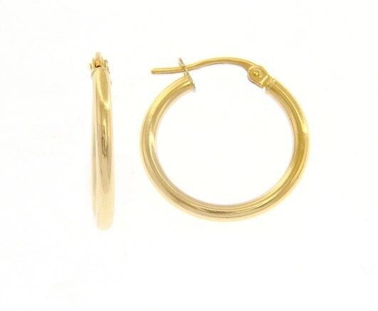 18K YELLOW GOLD ROUND CIRCLE EARRINGS DIAMETER 15 MM, WIDTH 2 MM, MADE IN ITALY