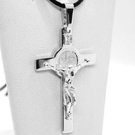 18k white gold big cross with Jesus & saint Benedict medal made in Italy, 44 mm.