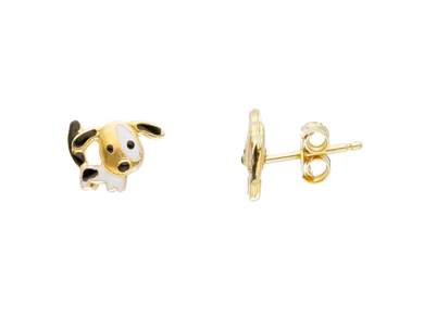 18k yellow gold kid child girl baby earrings enamel black white 7mm dogs dog.