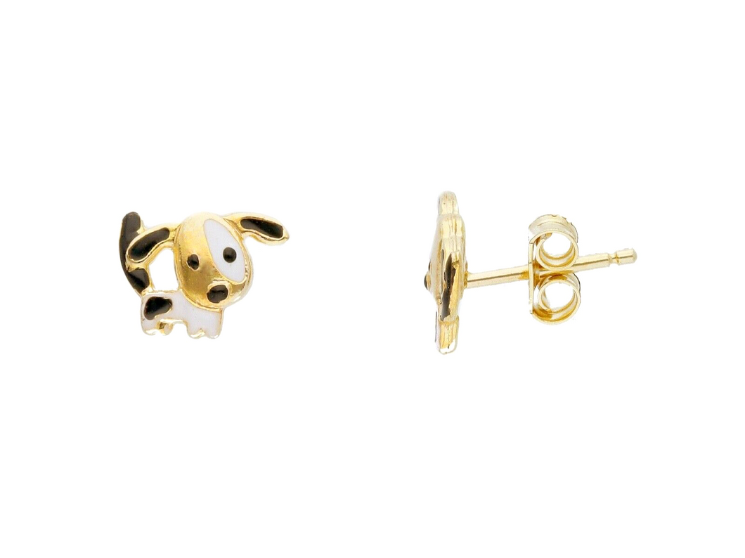 18k yellow gold kid child girl baby earrings enamel black white 7mm dogs dog