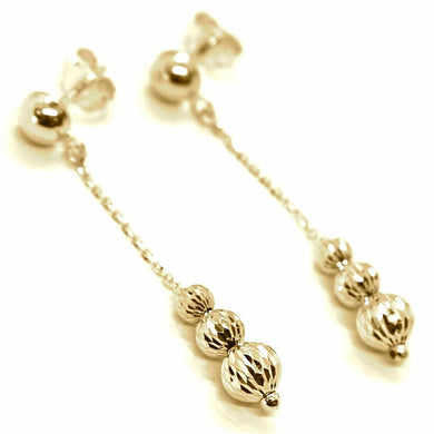 18K YELLOW GOLD PENDANT EARRINGS THREE FACETED WORKED BALLS SPHERES.