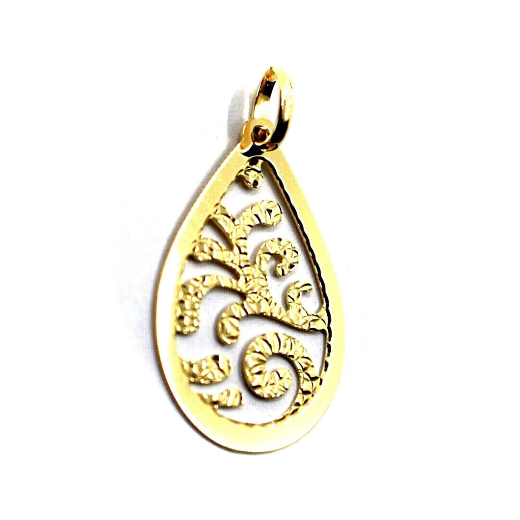 18K YELLOW GOLD FINELY WORKED PENDANT, FLAT DROP 15x24mm, MADE IN ITALY.