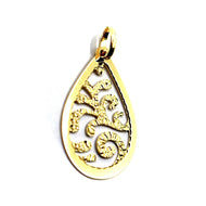 18K YELLOW GOLD FINELY WORKED PENDANT, FLAT DROP 15x24mm, MADE IN ITALY.