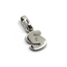 Load image into Gallery viewer, 18k white gold pendant charm small initial letter S, 10mm, 0.4&quot;, with diamond.
