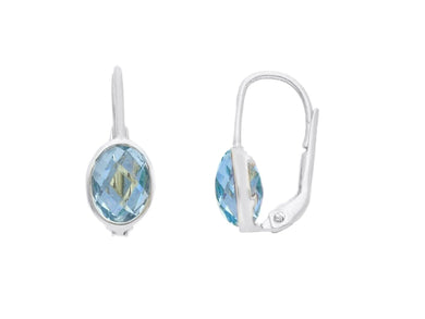 18k white gold pendant leverback earrings oval blue topaz cushion cut, 20mm.